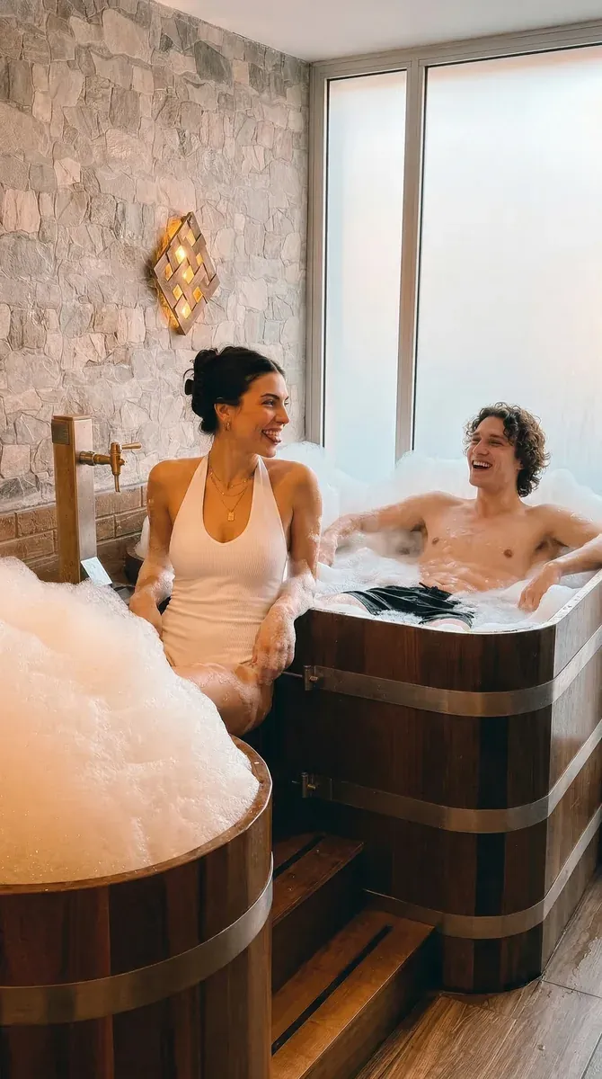 Pareja disfrutando del baño de cerveza en barricas de madera