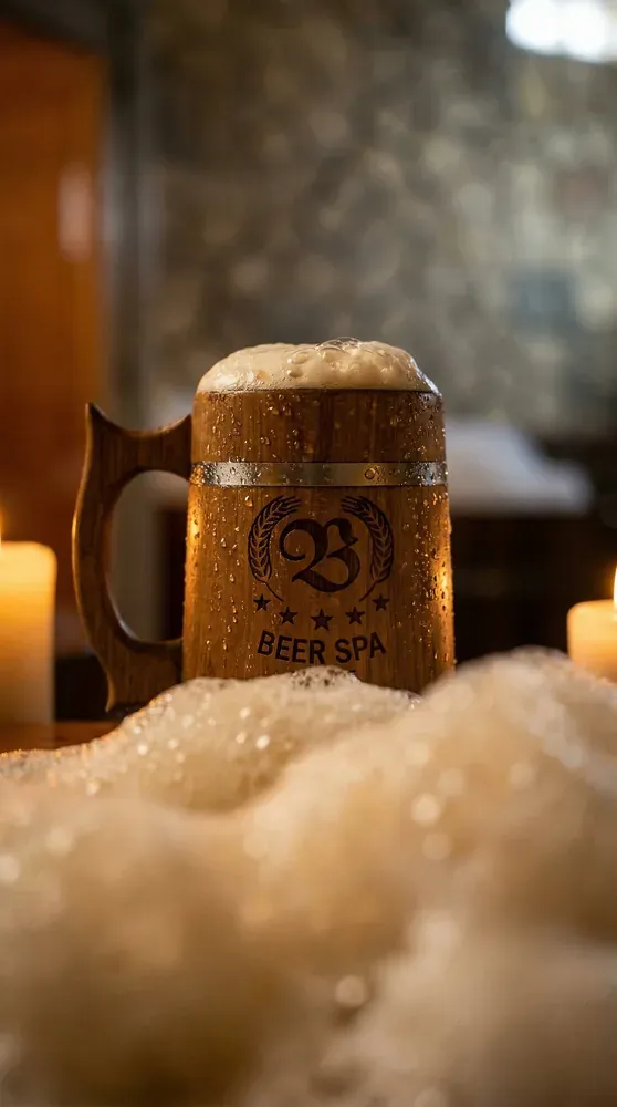 Jarra de Beer Spa entre velas y espuma de cerveza