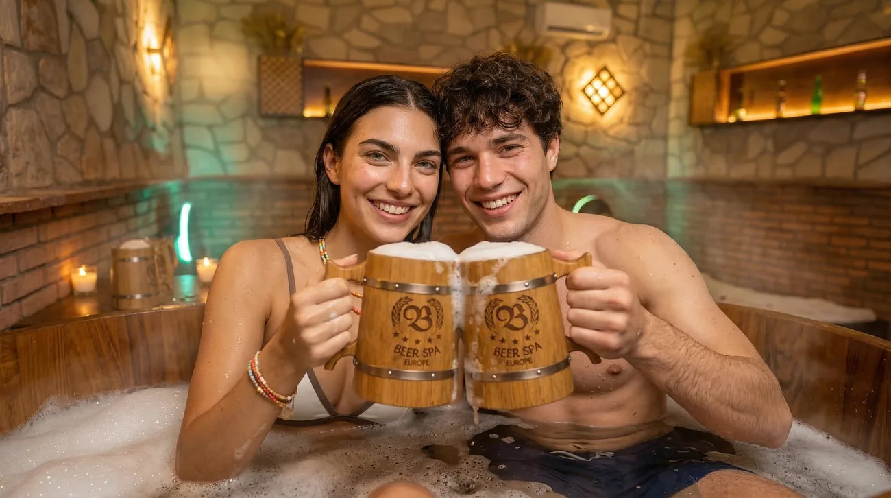 Pareja brindando con jarras de cerveza dentro de la barrica en Beer Spa